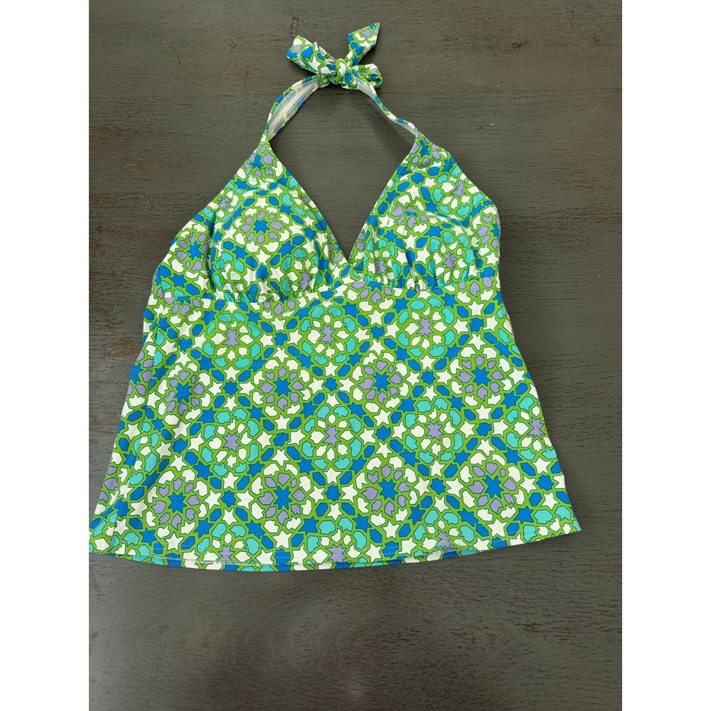 Lands End Geometric Star Print Halter Tankini Swim Top Green Blue Purple Size 8